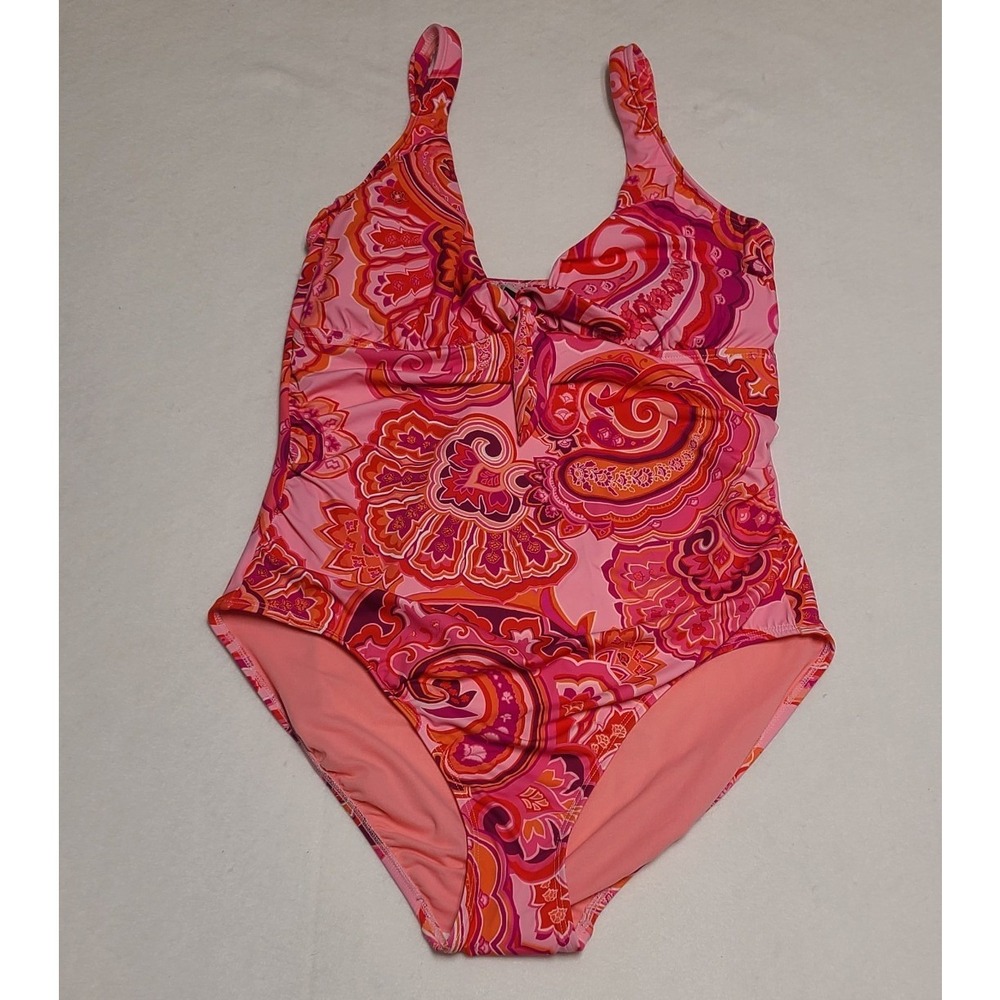 Lauren Ralph Lauren Pink Paisley Tie Front One Piece Swimsuit‎ Women's Size 16